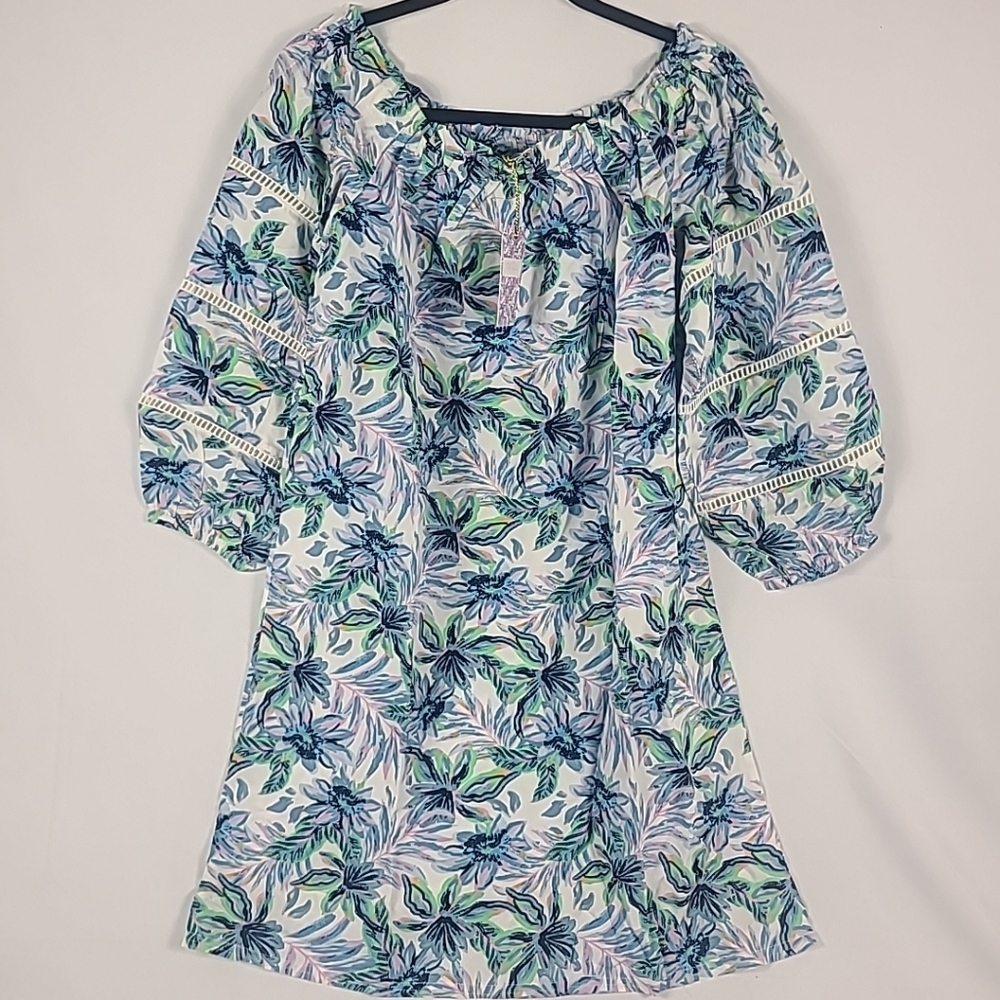 NWT Stella Parker 3/4 Sleeve Samba  Dress Blue Floral Pullover Stretch Sz L